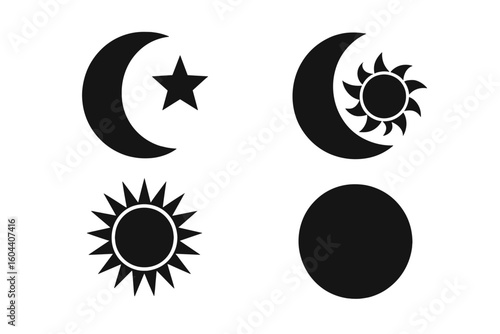 Celestial icon set with crescent moon, star, and sun silhouettes. Islamic symbol for Ramadan. Vector graphic for astrology, astronomy, lunar phase, and cosmic design.