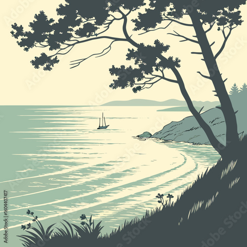 A stylized landscape image in muted tones. The scene depicts a coastline with waves, beach, and vegetation.