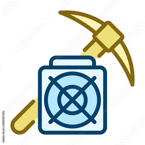 Crypto mining icon. Pick axe and ASIC miner. Filled outline icon. Vector icon with editable stroke. Isolated on transparent background.