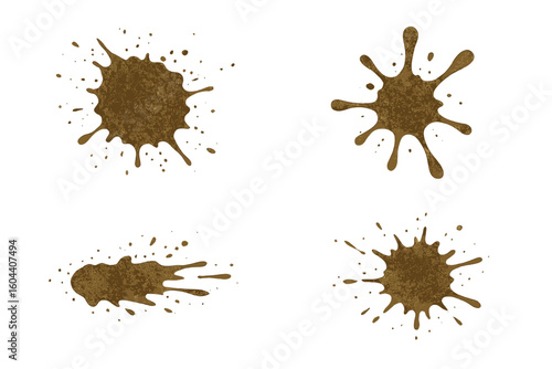Mud splatter vector set of 4. Dirty liquid drops and stains isolated on white. Ideal for grunge effect, artistic design, and texture enhancement. Brown splash illustration.