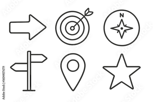 Navigation icons set. Arrow, target, compass, star, direction pointer, location pin. Concept of goal, success, strategy, guidance, travel, gps, route, choice, destination.