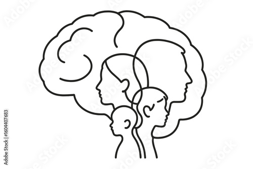 Mental health and psychology concept. Brain with diverse human profiles inside. Family, identity, community, and thoughts. Male, female, child head silhouettes. Vector line art.