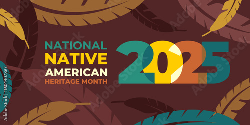 Native american heritage month 2025 greeting. Vector poster, content for social media with text Native american heritage month, november. Brown background with feathers.