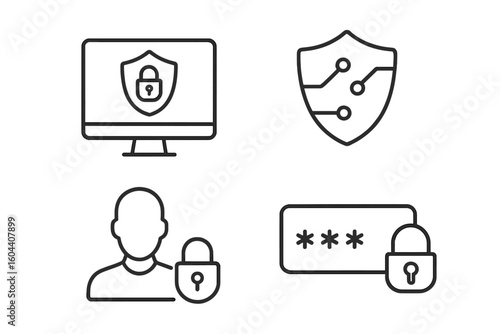 Simple line icons for cybersecurity and digital safety. Vector collection for secure access, data protection, privacy, user login, password, and network firewall concepts.