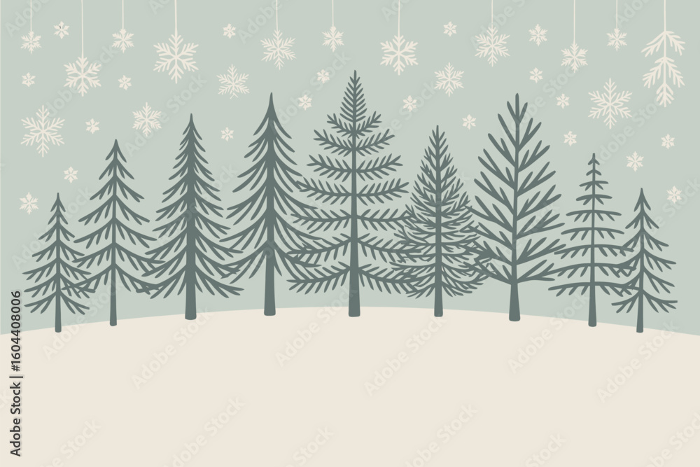 Obraz premium A winter scene with evergreen trees and snowflakes hanging from above on a light blue background