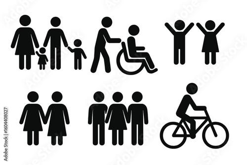 People pictogram icon set. Vector symbols of diverse community. Inclusive representation of family, disability, and couples. Stick figures with wheelchair and bicycle.