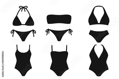 Modern Swimsuit Silhouettes Collection – Triangle, Bandeau, Halter Neck, One-Piece, and High-Waist Bikini Shapes for Fashion, Beachwear, and Summer Clothing Concepts Vector Set