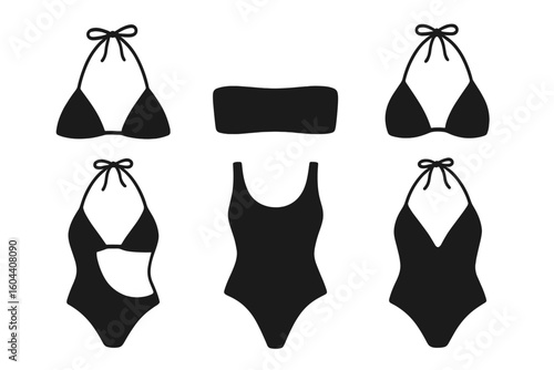 Swimwear Silhouettes Vector Collection: Triangle Bikini, Bandeau, Halter Neck, Cut-Out, and One Piece Swimsuits Isolated for Fashion, Summer Beach Style, and Trendy Resort Wear Graphics