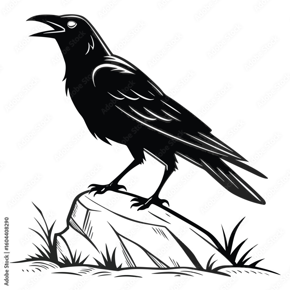 Naklejka premium A black and white illustration of a raven perched on a rock with its beak open and grass around it