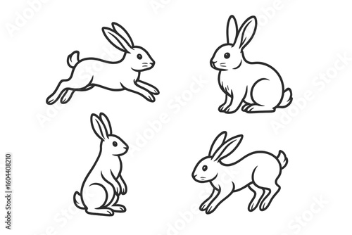 Rabbit bunny hare vector illustration set. Cute animal line art collection for Easter, spring. Minimalist logo symbol icon of jumping, sitting, standing poses for design.