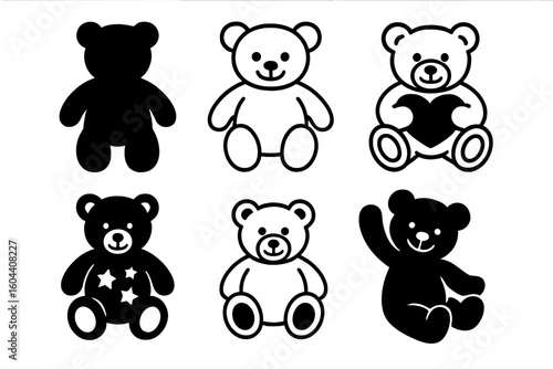 Teddy bear silhouette and outline vector set, cute teddy bear clipart bundle with heart, stars, waving and sitting poses, adorable stuffed animal graphic elements, transparent background