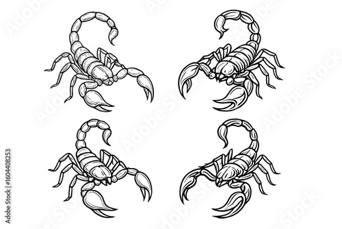 Diverse Scorpion Vector Set Collection. Hand-Drawn Scorpion Illustrations with Detailed Anatomy. Black and White Insect Clipart. Wildlife, Poison, Arachnid, Tattoo Art, Decorative Isolated Elements.