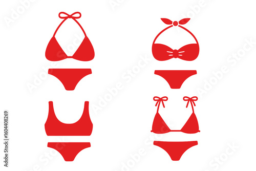 Red bikini vector icon set. Woman swimwear collection. Summer fashion beachwear illustration. Female swimsuit graphic symbols. Lingerie or underwear isolated design.