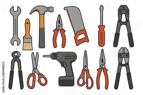 Essential Hand Tools Vector Collection. Wrench, Hammer, Saw, Screwdriver, Paintbrush, Pliers, Scissors, Cordless Drill, Cutting Tools, Hardware Equipment for Repair and Construction Projects