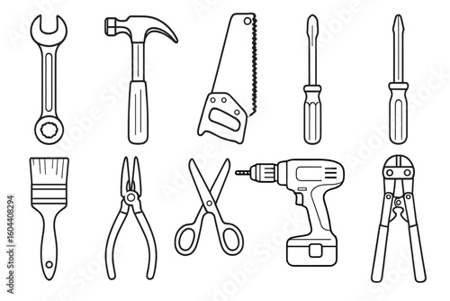Hand Tool Collection Vector Illustration Set. Outline Wrench, Hammer, Handsaw, Screwdriver, Paintbrush, Pliers, Scissors, Cordless Drill, Bolt Cutters. DIY, Carpentry, Construction, Workshop.