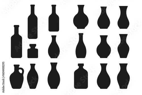 Set of black silhouettes of bottles and vases. Collection of various forms, jugs, and jars. Vector illustration for design, logo, or icon. Pottery and glassware shapes.