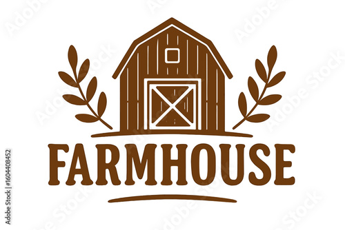 Farmhouse logo with barn silhouette and laurel wreath. Rustic country style vector for decor. Vintage farm emblem, agriculture symbol, rural life graphic design element.