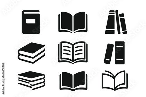 Book icon set. Simple flat vector collection for graphic design. Library, reading, learning, education, knowledge, study symbols. Isolated black silhouette illustrations.