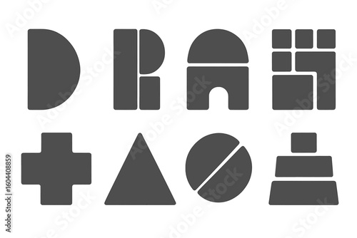 Set of brutalist abstract geometric shapes. Minimalist design icons collection with grunge texture. Modern primitive blocky forms. Vector illustration on transparent background.