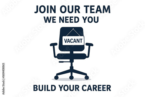 We are hiring announcement. Join our team concept. Business recruitment advertising. Empty office chair with a vacant sign. Job opportunity and employment background.