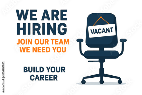 We are hiring business recruitment concept. Join our team banner. Searching for a candidate for the job. Empty office chair with a vacant sign for new career opportunities.