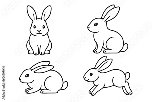 Cute bunny rabbit line art collection. Vector set of cartoon animal illustrations. Simple outline icons of rabbits in different poses, sitting and jumping. Easter mascot doodle.