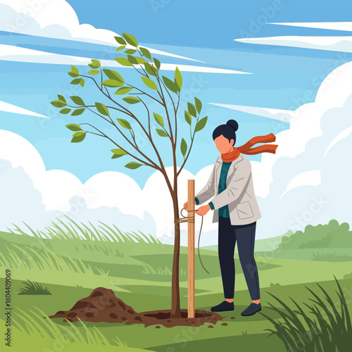 Woman Planting Tree in Green Field Under Cloudy Sky