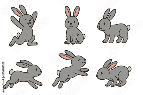 Cute cartoon rabbit character set in different poses. Vector collection of a happy bunny jumping, sitting, running, and playing. Mascot icon pack for kids illustration.