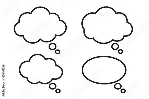 Thinking cloud and thought bubble vector icon set. Comic style speech bubbles with outlines. Blank template for brainstorming, idea, conceptualization or message design.