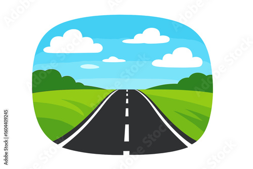 Road to future vector illustration. Straight highway in green landscape. Path to success concept. Journey, trip, travel background. Empty countryside asphalt way ahead.