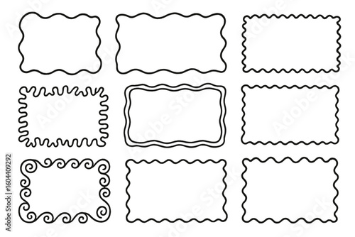 Hand Drawn Squiggle Frames and Wavy Borders Collection, Decorative Abstract Black and White Frame Vector Set, Artistic Doodle Outline Design Elements for Scrapbooking and Invitations