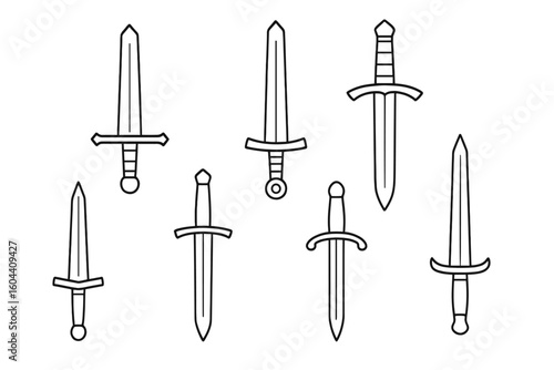 Medieval sword outline set. Vector collection of classic knight and warrior weapons. Line art dagger, blade, and sword icons for game or fantasy design illustration.
