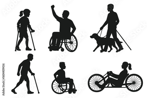 Set of silhouettes of people with disabilities. Man and woman in wheelchair, blind person with guide dog, person with crutches. Disability and accessibility concept vector.