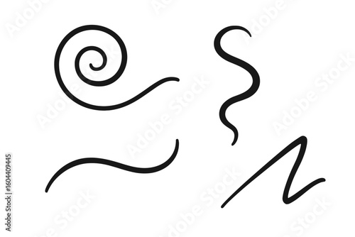 Abstract swirl, curve, and irregular line vector set. Collection of hand-drawn doodle shapes for graphic design. Wavy, spiral, and zigzag elements on transparent background.