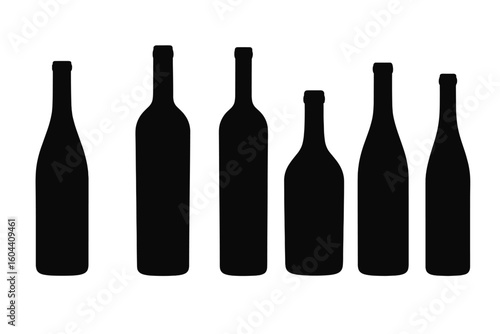 Wine bottle silhouette vector set. Collection of different alcohol beverage containers. Black bottle icons isolated on white background. For winery, bar, restaurant menu design.
