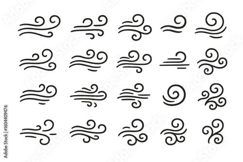 Wind icon doodle set. Air flow symbol collection. Blowing gust and breeze silhouette. Weather cold element. Fresh windy decorative line art swirl pattern vector design.