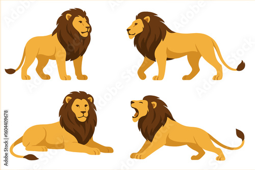 Male lion in various poses: walking, standing, lying down, roaring. Lion character set. Wild animal, king of the jungle. Safari wildlife vector illustration collection.