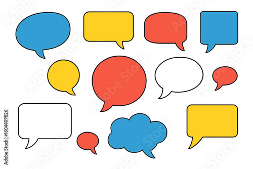 Colorful speech bubbles vector set. Collection of chat and dialogue boxes in various shapes. Communication icons for social media, comics, and messages. Flat design element.