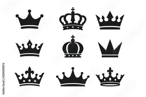 Set of black crown silhouettes. Royal king and queen symbols. Luxury power and majesty concept. Vector heraldic icons for logo design. Elegant vintage monarchy emblems collection.
