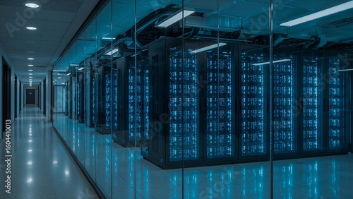 A clean, organized, and aesthetically pleasing server room in a 2025 technology office. The glowing blue LEDs on the server racks symbolize the power of data, cloud computing, and the digital infrastr