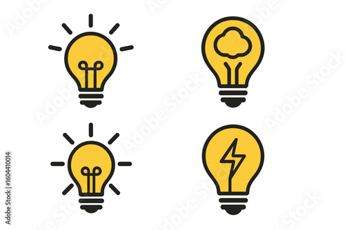 Light bulb icon set. Symbol for idea, innovation, creative thinking, brainstorming, solution. Metaphor for energy, power, electricity, eureka moment, and inspiration.