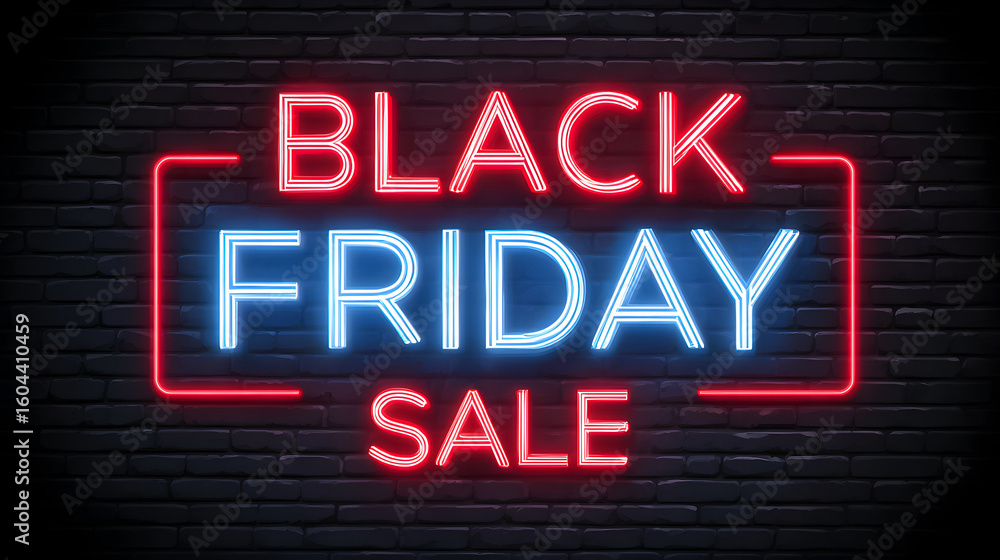 Obraz premium Special promotion for Black Friday sale in neon lights illuminating a dark brick wall, creating a vibrant shopping atmosphere