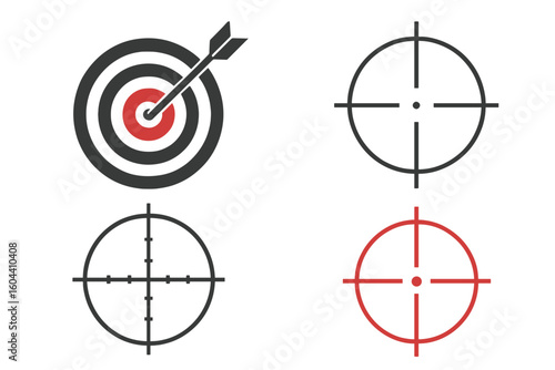 Target with arrow in bullseye and crosshair scope icon set. Vector for goal achievement, business strategy, success, and accuracy. Sniper aim symbol for marketing.
