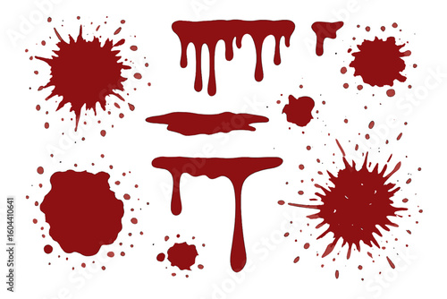 Blood splatter vector set. Dripping red liquid shapes and stains. Horror design element for Halloween. Grunge splash texture. Spooky crime scene graphic illustration.