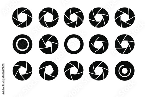 Camera shutter aperture icon set. Black and white vector illustration. Collection of 16 unique photography symbols for graphic and web design. Diaphragm logo element concept.
