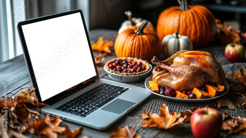 Traditional Thanksgiving dinner. Laptop mockup. An invitation to the autumn festival. On the table is a laptop with a white screen, a plate with a pie and a turkey. The scene is festive