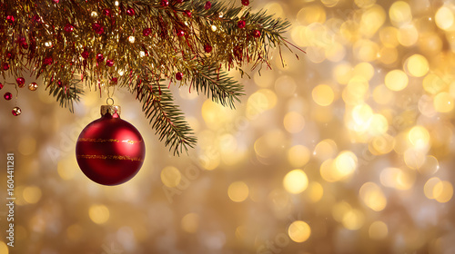 Wallpaper Mural Bright red ornament hangs from green pine sprig surrounded by warm golden bokeh lights creating a festive atmosphere during the holiday season Torontodigital.ca