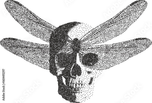Skull vintage y2k stipple art, bones halftone stipple brutalist retro vector png with transparent background, macabre 2000s aesthetic photocopy effect tattoo