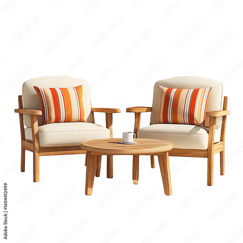 Obraz premium A wooden outdoor furniture set consisting of two armchairs and one coffee table, decorated with striped cushions in warm colors on a white background. transparent, alpha background png