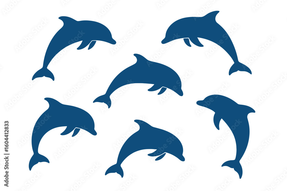 Fototapeta premium Dolphin silhouette set. Blue vector icon collection. Ocean sea animal. Marine wildlife mammal. Aquatic nature fauna. Jumping swimming fish. Logo element design. Isolated.